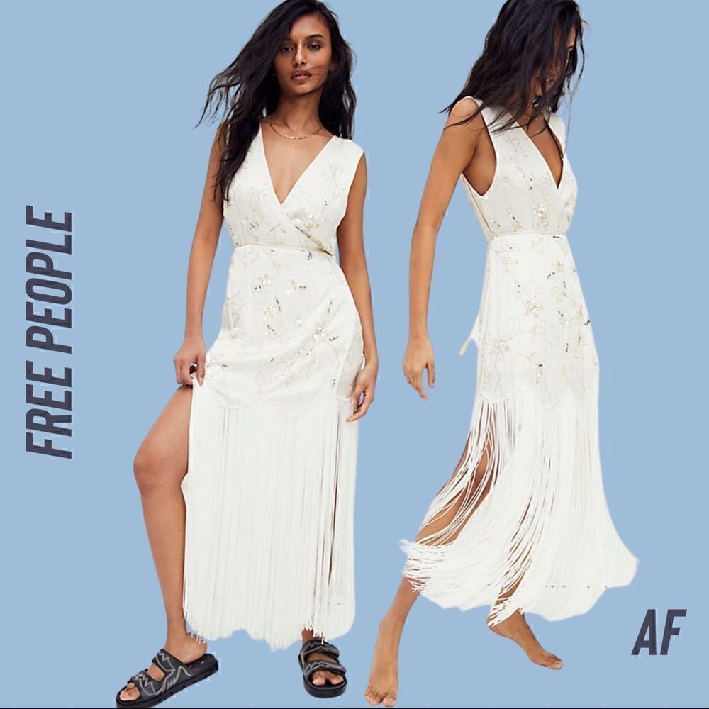 FREE PEOPLE MODERN MUSE FLAPPER GYPSY FRINGE DRESS IVORY NWT SMALL